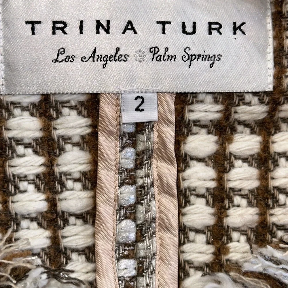 Trina Turk 3/4 Sleeve Plaid Blazer Jacket Fringe Rhinestone Shimmer Size 2